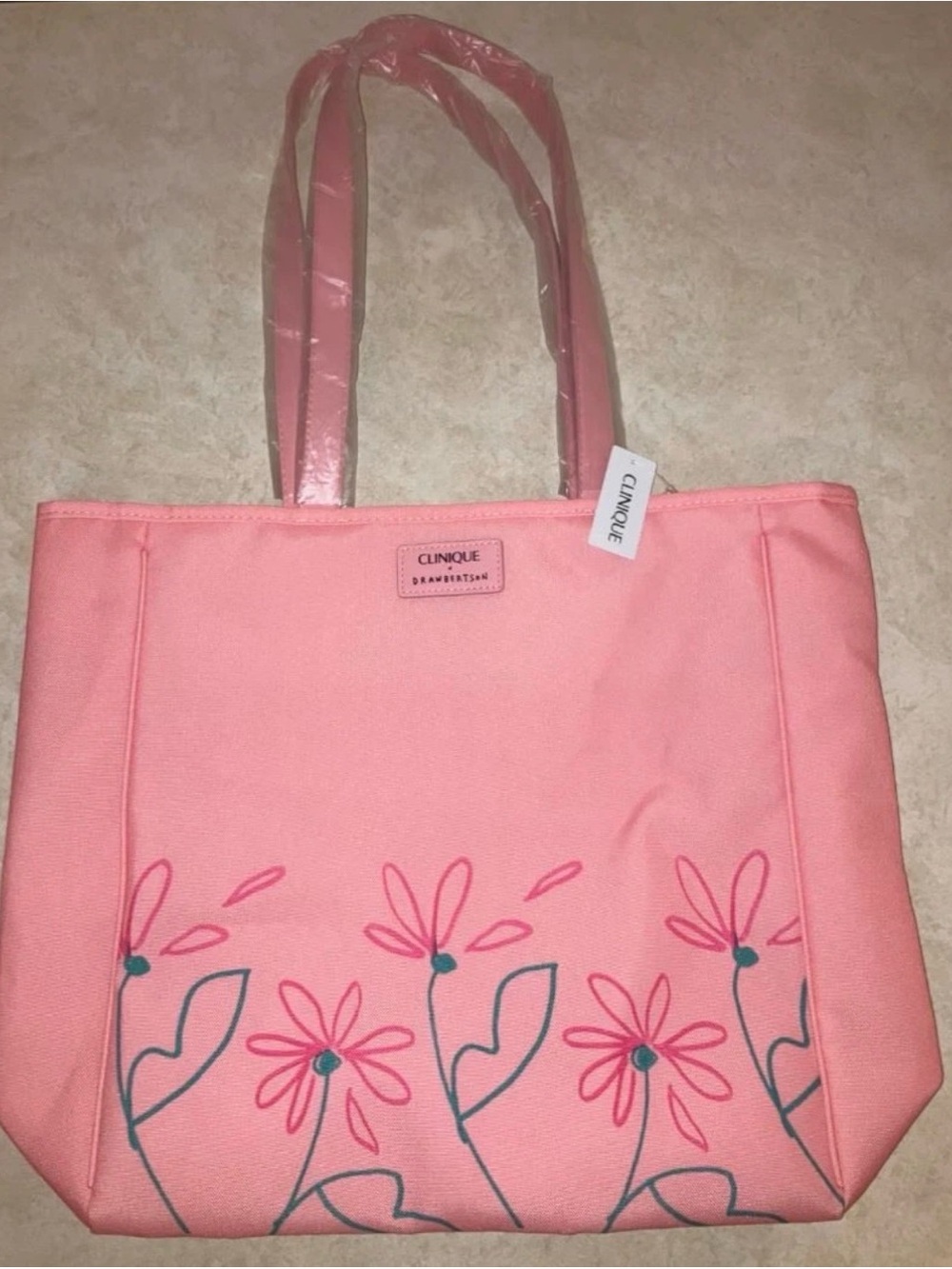 Clinique Coral Pink Floral Canvas Tote